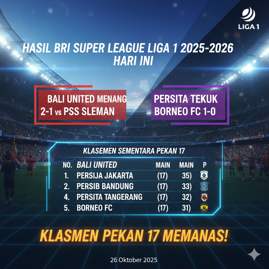 Hasil BRI Super League Liga 1 2025-2026 Hari Ini: Bali United Menang, Persita Tekuk Borneo FC, Klasemen Pekan 17 Memanas