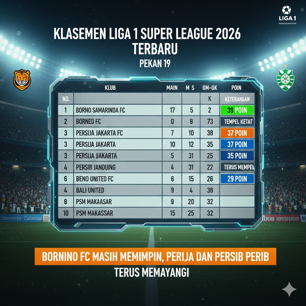 Klasemen Liga 1 Super League 2026 Pekan 17 Terbaru: Borneo FC Masih Memimpin, Persija dan Persib Terus Membayangi
