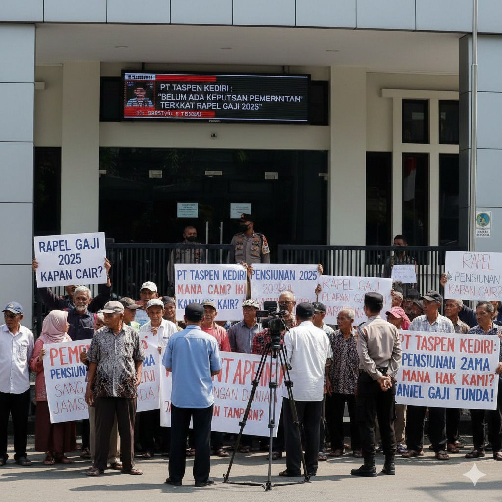buatkan gambar beda gaya dari sebelumnya tentang Rapel Gaji Pensiunan 2026 Ramai Dipertanyakan hingga Awal Tahun, PT Taspen Kediri Tegaskan Fakta: Belum Ada Keputusan Pemerintah