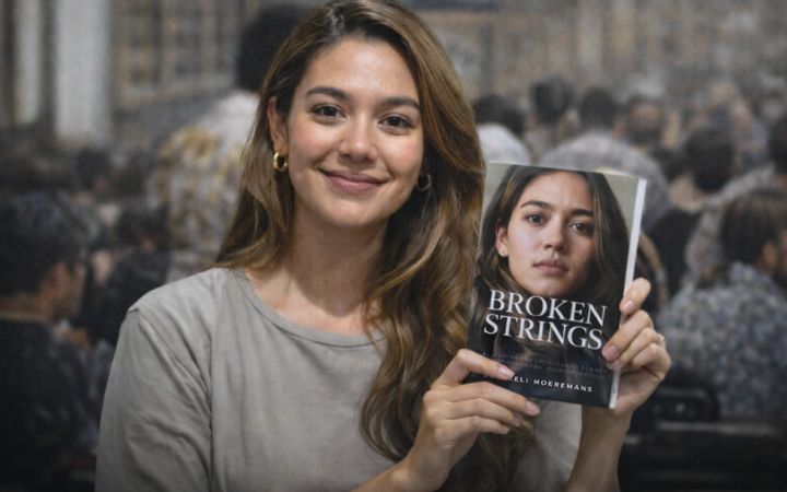 Aureli Moeremans memperlihatkan buku Broken Strings, karya autobiografis yang mengungkap perjalanan hidup, luka masa lalu, dan pesan penguatan bagi para penyintas kekerasan.