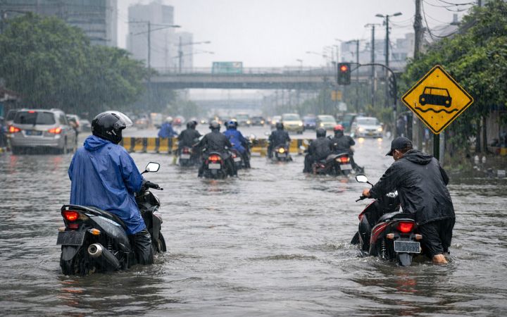 Banjir Jakarta Utara setinggi 50 sentimeter merendam akses Gading&ndash;Pancoran, membuat pengendara motor terpaksa berhenti dan gagal berangkat kerja akibat jalan terputus.
