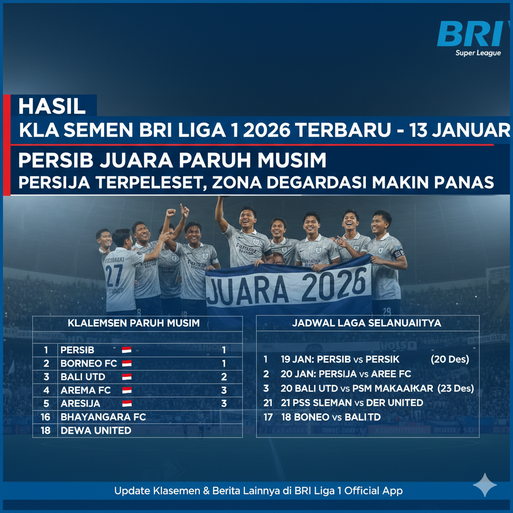 Klasemen BRI Liga 1 2026 Terbaru 13 Januari: Persib Juara Paruh Musim, Persija Terpeleset, Zona Degradasi Makin Panas