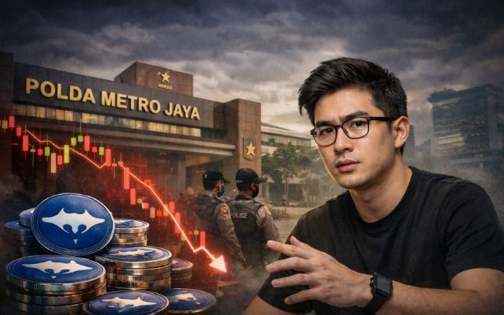 kasus dugaan penipuan investasi kripto yang menyeret influencer Timothy Ronald, dengan latar Polda Metro Jaya dan pergerakan harga aset kripto yang anjlok.