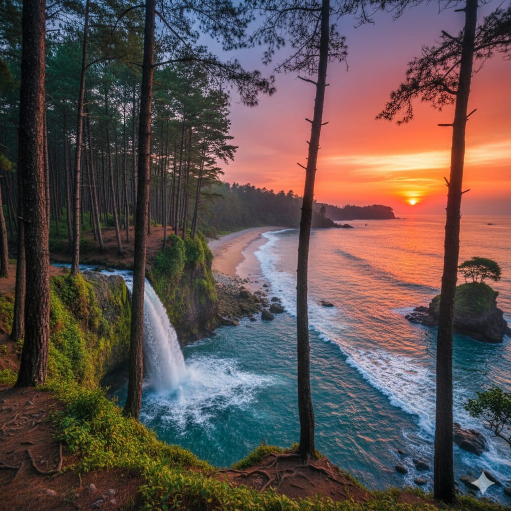 Pantai Pelang Trenggalek, Surga Wisata Jawa Timur yang Punya Hutan Pinus, Air Terjun Langsung ke Laut, hingga Spot Sunset Ikonik