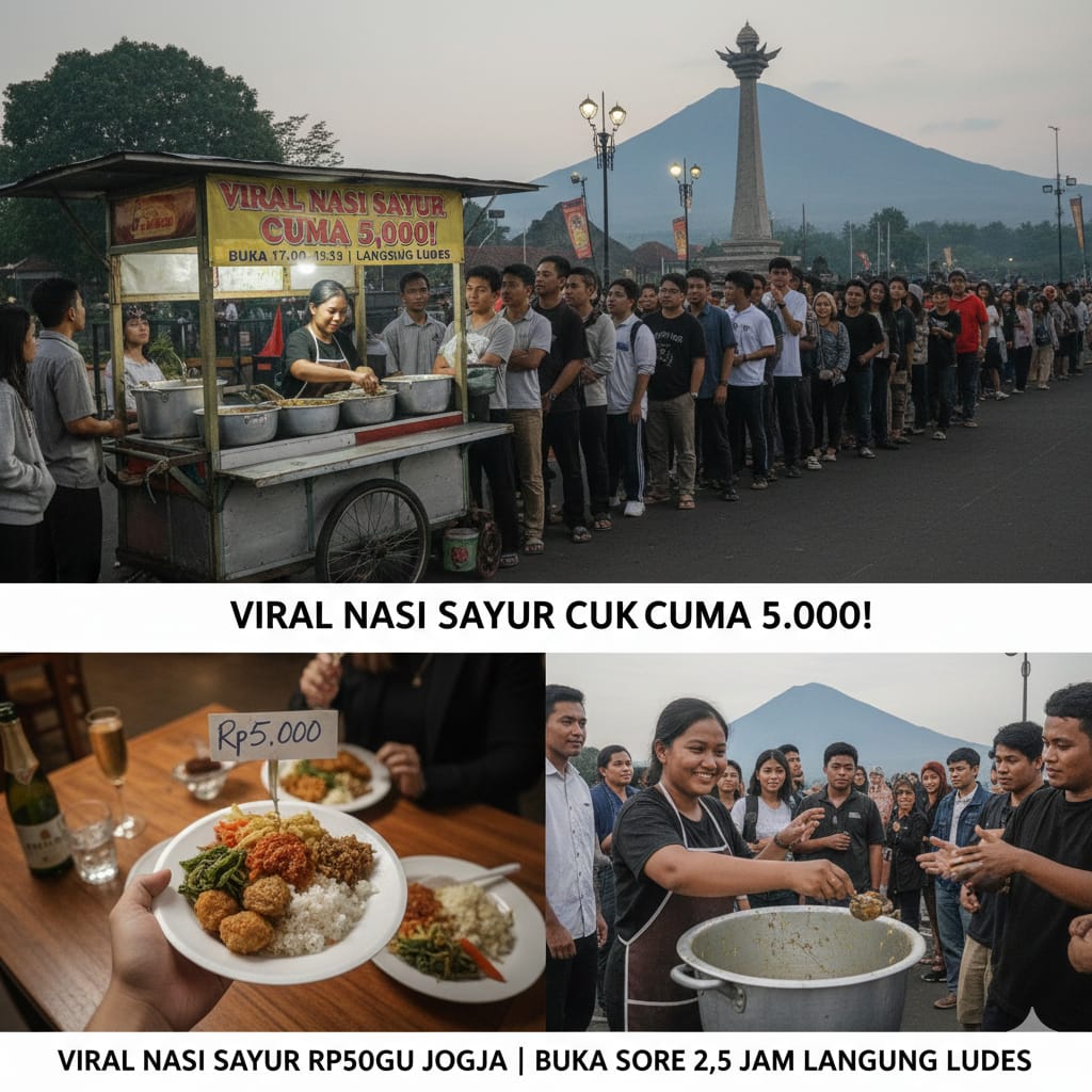 Viral Nasi Sayur Rp5.000 Dekat Tugu Jogja, Buka Sore Hanya 2,5 Jam Langsung Ludes