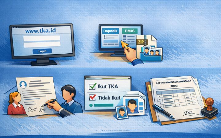 Alur pendaftaran Tes Kompetensi Akademik (TKA), mulai dari login laman resmi, impor data peserta, penetapan keikutsertaan, hingga pencetakan daftar nomminasi sementara (DNS) di satuan pendidikan.