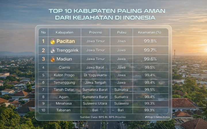 Infografis Top 10 Kabupaten Paling Aman dari Kejahatan di Indonesia versi BPS RI, Trenggalek posisi kedua nasional dengan tingkat keamanan di atas 99 persen.