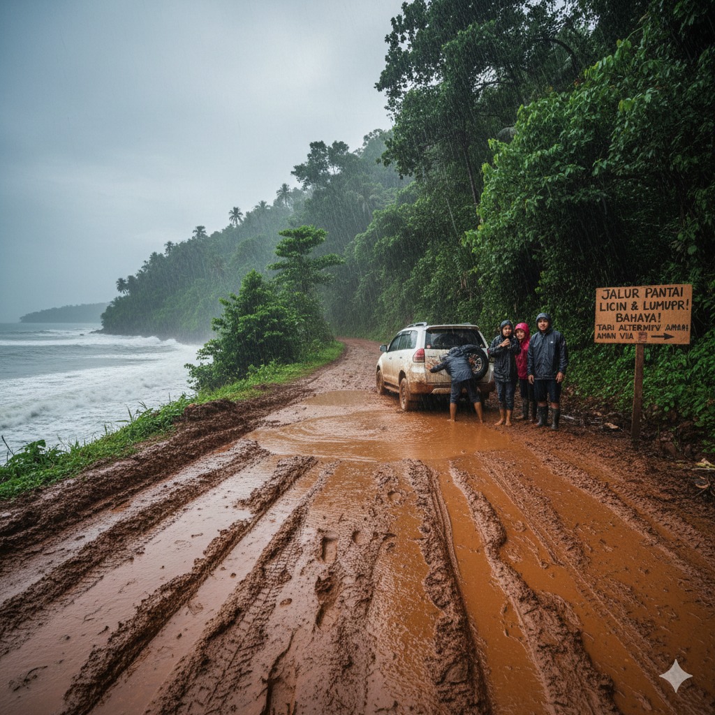 Kondisi Jalan Pantai Malang Selatan via Bantur&ndash;Sirgoncok Licin dan Berlumpur Jelang Tahun Baru, Wisatawan Diminta Cari Jalur Alternatif Aman