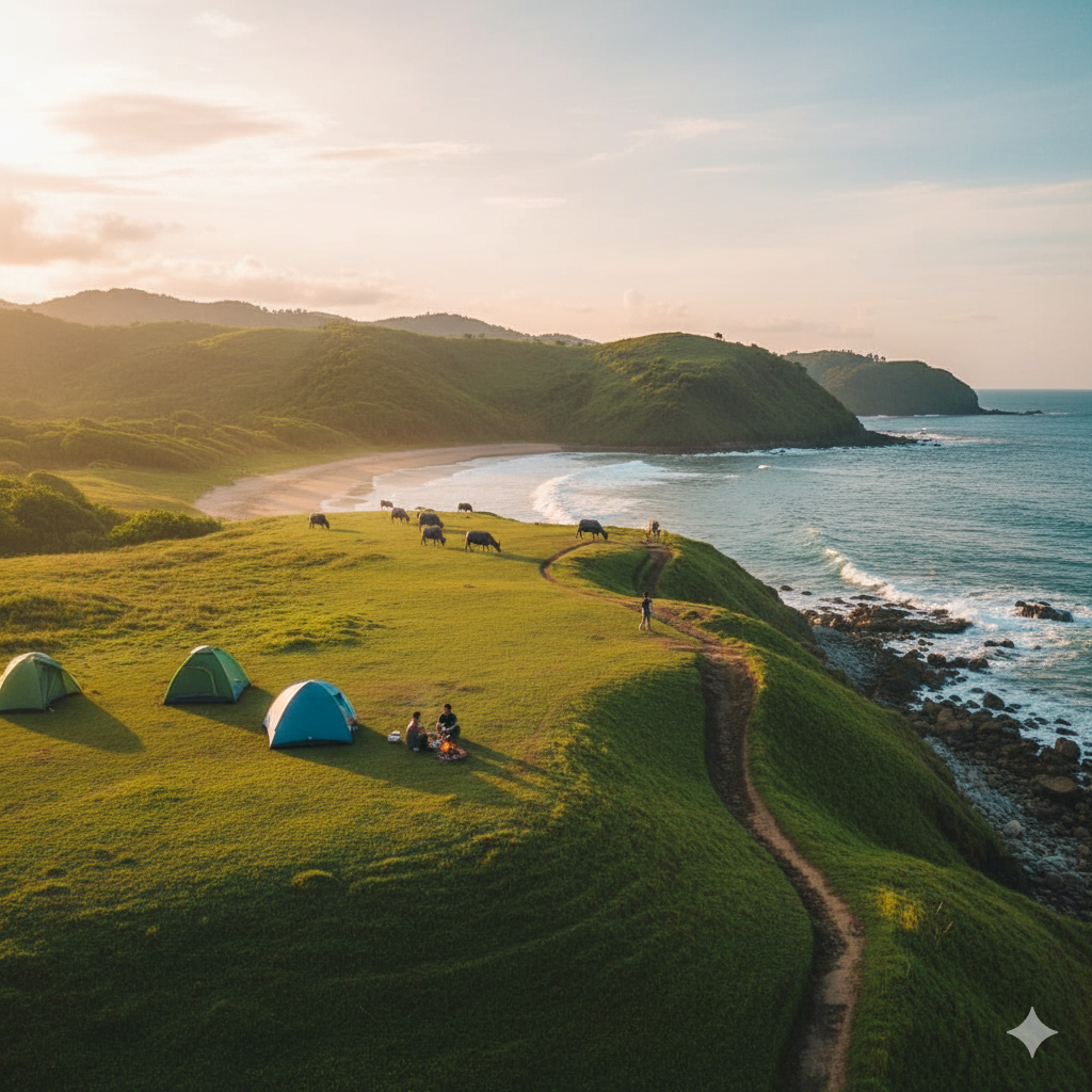 Pantai Kebo Trenggalek, Surga Camping di Selatan Jawa: Jalur Ekstrem, Kerbau Berkeliaran, hingga Padang Rumput Luas yang Bikin Betah