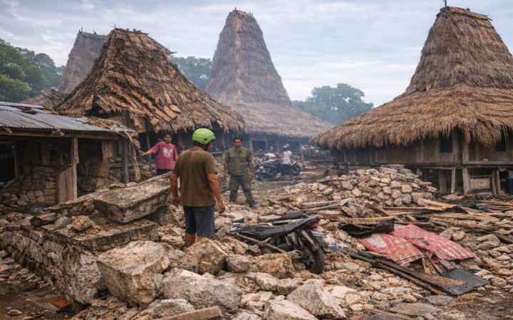 Warga beraktivitas di sekitar permukiman tradisional di Wikabubak, Sumba Barat, Nusa Tenggara Timur, usai gempa magnitudo 3,2 pada Jumat (23/1/2026).