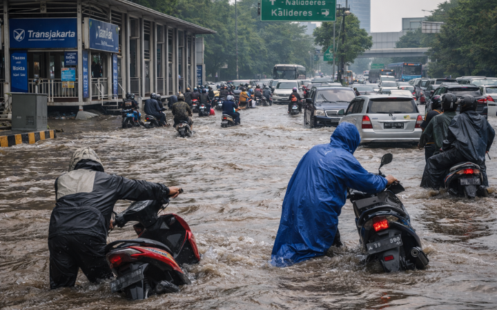Kendaraan roda dua dan roda empat terjebak genangan banjir di Jalan Daan Mogot, Jakarta Barat, Jumat pagi. Banjir setinggi 50 cm menyebabkan  kendaraan mogok, dan mengganggu layanan Transjakarta.