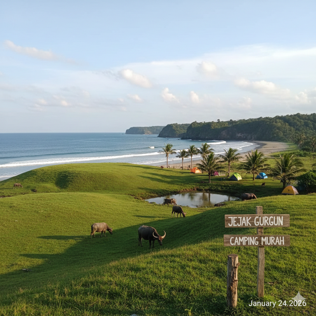 Pantai Kebo Trenggalek dalam Jejak Gurgun: Padang Rumput Hijau, Kerbau Bebas Merumput, dan Camping Murah di Selatan Jawa