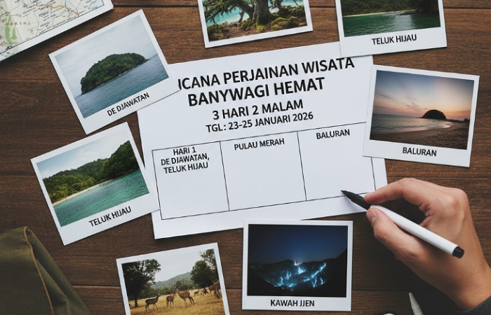 Rencana perjalanan wisata Banyuwangi 3 hari 2 malam ke De Djawatan, Teluk Hijau, Pulau Merah, Baluran, dan Kawah Ijen hemat.