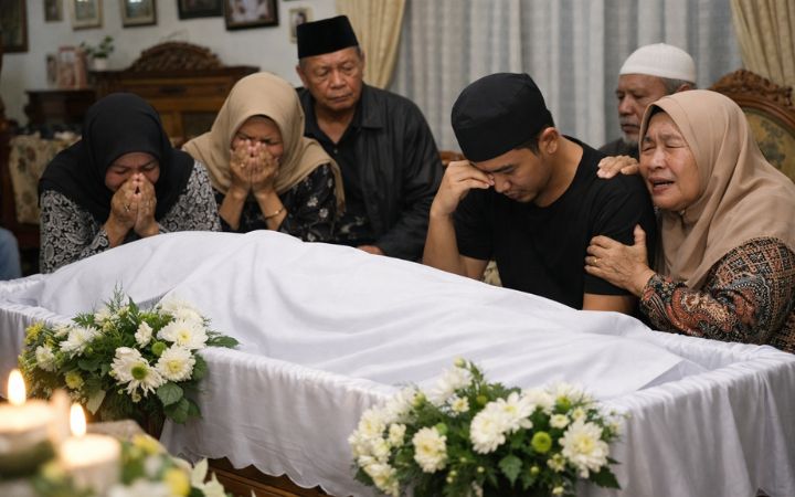 Suasana duka keluarga almarhum Lucky Widjaya saat  meninggal mendadak di usia 50 tahun, diduga akibat komplikasi penyakit ginjal yang memicu gangguan pada jantung.