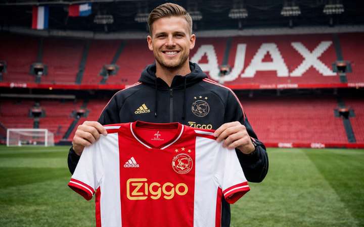 Marten Paes menunjukkan jersey Ajax Amsterdam di Johan Cruijff Arena usai resmi menandatangani kontrak hingga 2029. Kiper Timnas Indonesia itu diproyeksikan menjadi solusi jangka panjang .