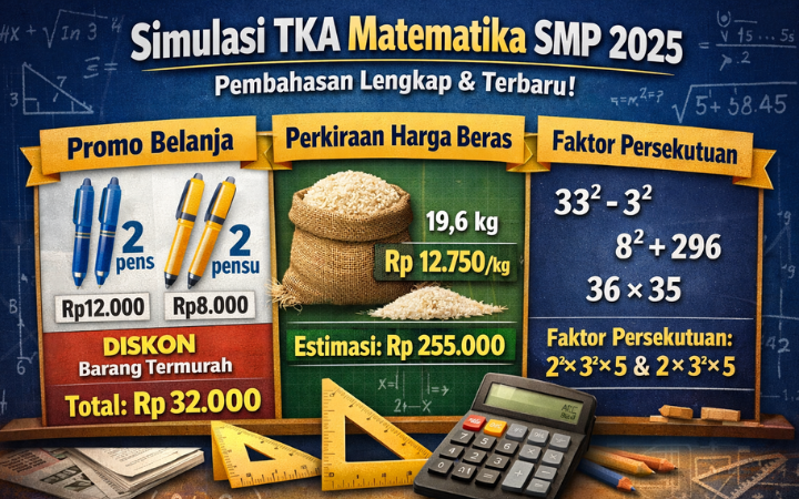 Simulasi TKA Matematika SMP/MTs 2025 menampilkan contoh soal promo belanja, estimasi harga beras, dan faktor persekutuan sebagai latihan menghadapi Tes Kemampuan Akademik.