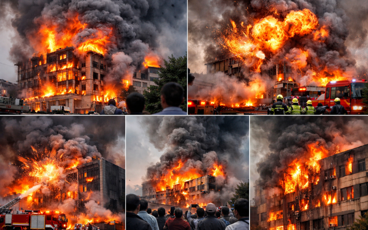Kebakaran gedung disertai ledakan berulang, asap hitam tebal membumbung dan warga Medan panik.
