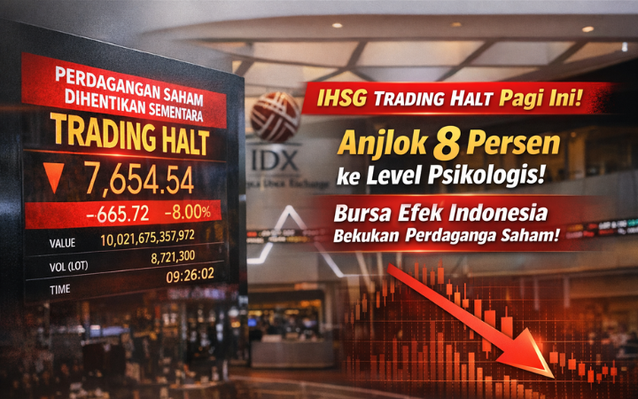 Layar perdagangan di Bursa Efek Indonesia menunjukkan IHSG Trading Halt setelah anjlok 8 persen pada awal perdagangan pagi, memicu penghentian sementara transaksi saham.