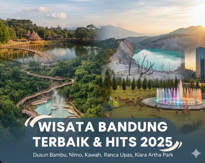 Wisata Bandung terbaik dan hit 2025: Dusun Bambu, Nimo Jungle Hot Spring, Kawah Putih, Ranca Upas, hingga Kiara Artha Park.