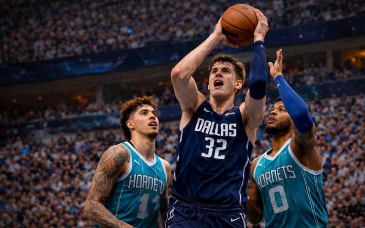 Cooper Flag (#32) berusaha mencetak angka saat mendapat kawalan ketat dua pemain Charlotte Hornets dalam laga yang berlangsung sengit hingga detik akhir.