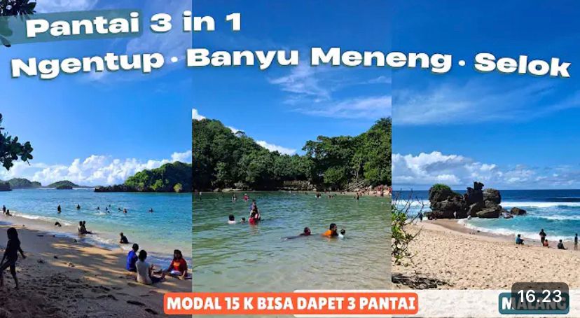 Wisata Pantai Malang Selatan 3 in 1! Tiket Rp15 ribu masuk Pantai Ngentup, Banyu Meneng, dan Selok. Jalannya mulus, cocok camping.