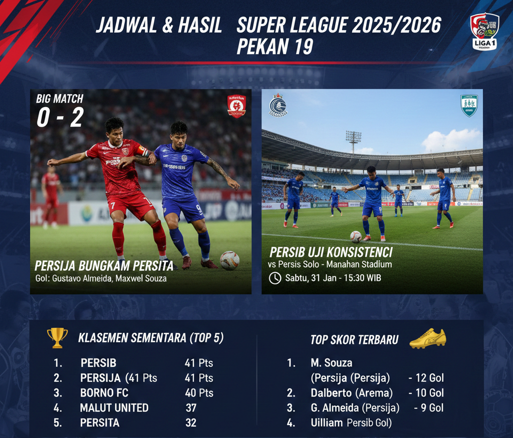 Jadwal Liga 1 Super League 2025 2026 Pekan 19 Lengkap: Big Match Persija vs Persita, Persib Uji Konsistensi, Klasemen & Top Skor Terbaru