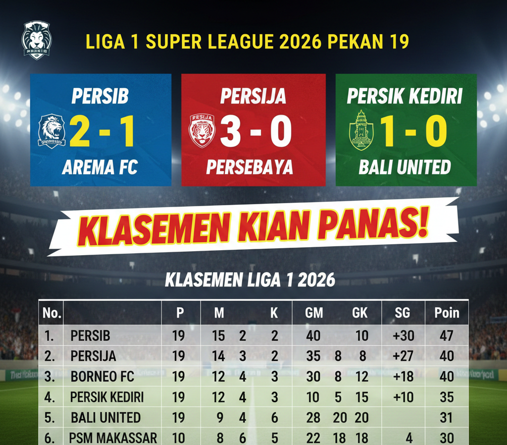 Hasil Liga 1 Super League 2026 Pekan 19: Persib & Persija Menang, Persik Kediri Tumbangkan Bali United, Klasemen Kian Panas