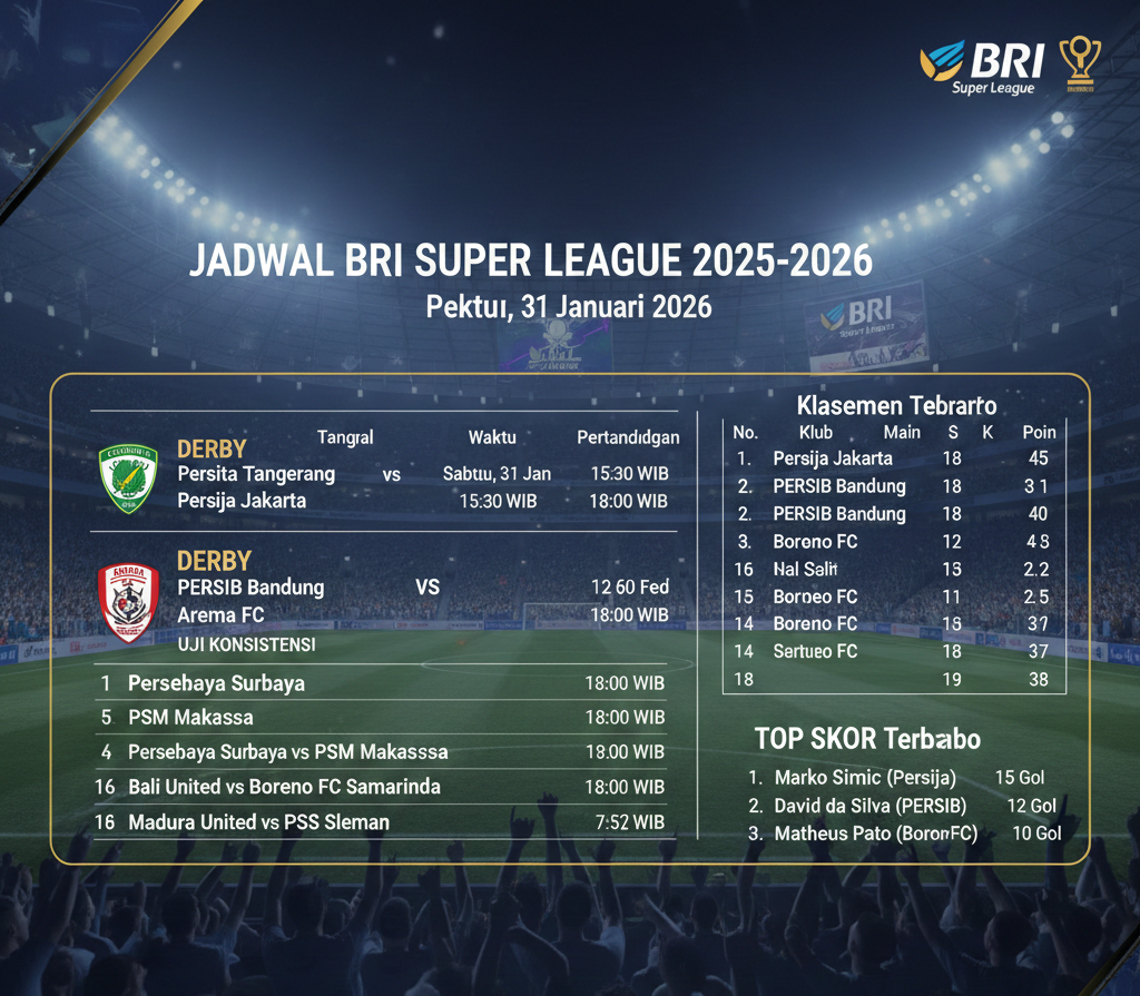 Jadwal BRI Super League 2025-2026 Pekan 19 Lengkap: Derby Persita vs Persija, Persib Uji Konsistensi, Klasemen & Top Skor Terbaru