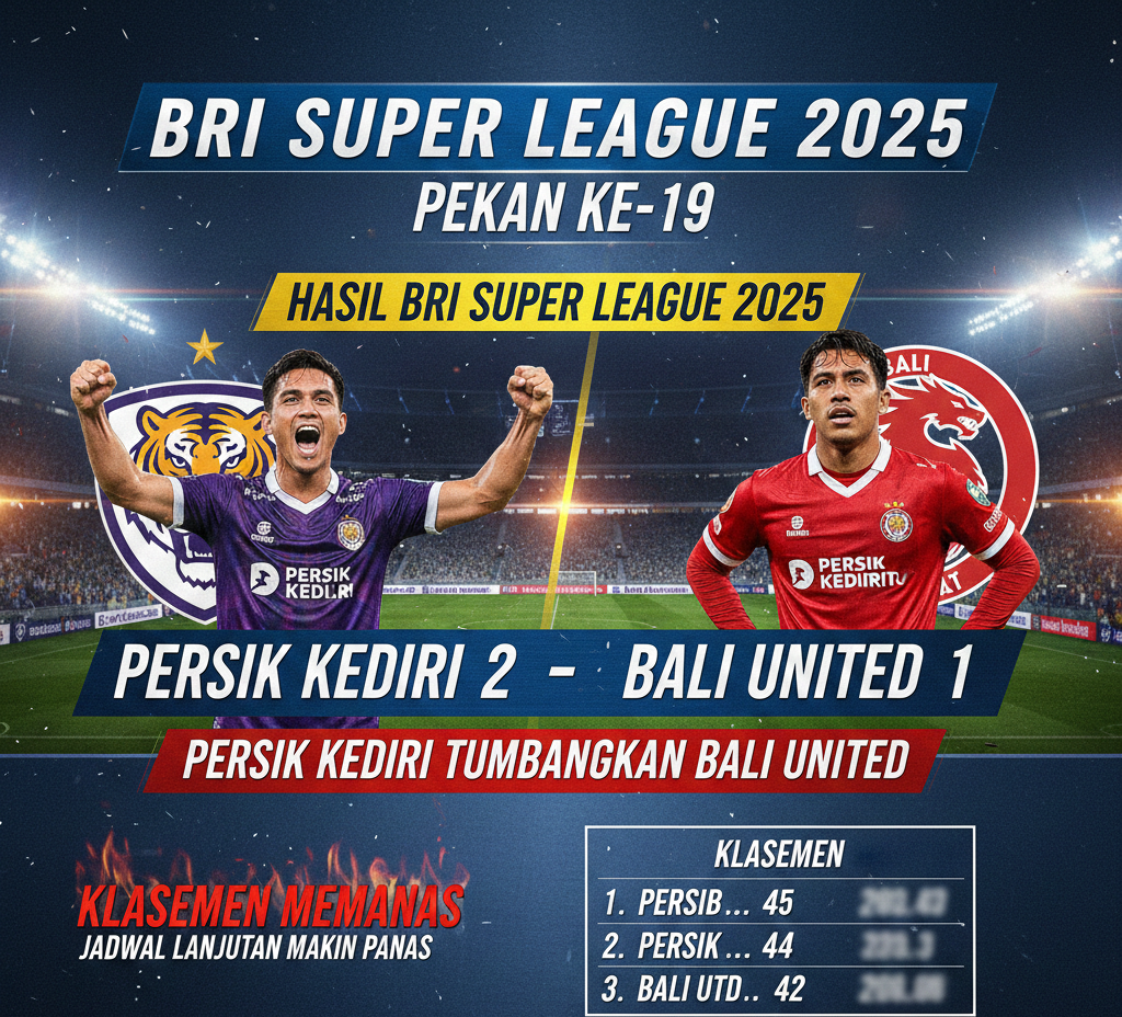 Hasil BRI Super League 2025 Pekan ke-19: Persik Kediri Tumbangkan Bali United, Klasemen Memanas, Jadwal Lanjutan Makin Panas
