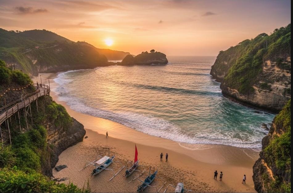 Pantai Klayar Pacitan ramai sore hari jelang sunset. Panorama indah, fasilitas lengkap, namun wisatawan diingatkan waspada palung laut.