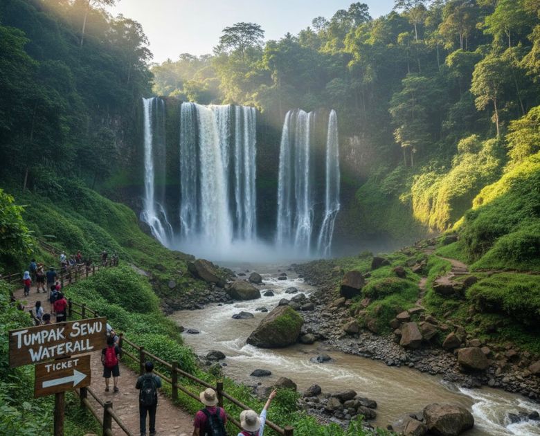 Panorama Tumpak Sewu tiket Rp20 ribu, jalur mudah tapi turun licin. Ramai bule dari Korea hingga UK, view bawahnya memukau!