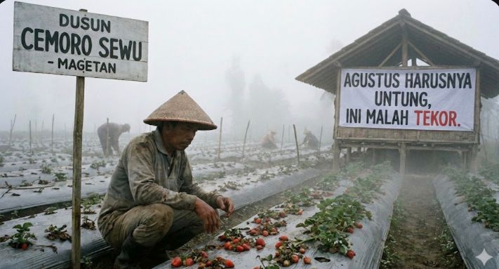 Dusun Cemoro Sewu Magetan berkabut tebal. Petani stroberi mengeluh gagal panen, Agustus yang harusnya untung malah tekor.