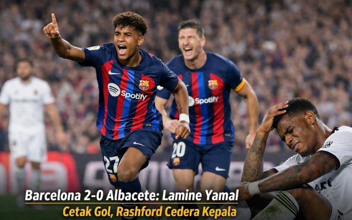 Lamine Yamal cetak gol spektakuler untuk Barcelona, sementara Marcus Rashford dari Albacete mengalami cedera kepala. Blaugrana amankan kemenangan 2-0.