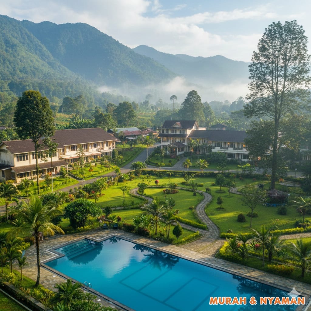 Hotel Rudian Puncak Bogor Murah di bawah Rp100 ribu. Luas 3 hektar, ada kolam renang, aula, dan view alam sejuk dekat Pasar Cisarua.