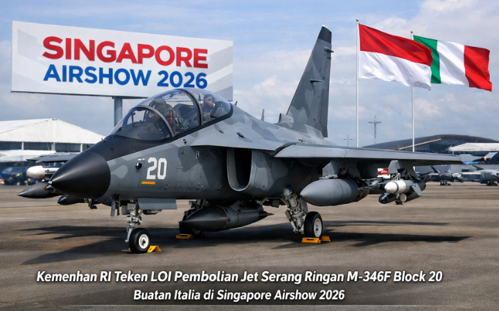 Jet Serang ringan M-346F Block 20 buatan Leonardo Italia dipamerkan di Singapore Airshow 2026, usai Kemenhan RI menandatangani LOI pembelian untuk modernisasi TNI AU.