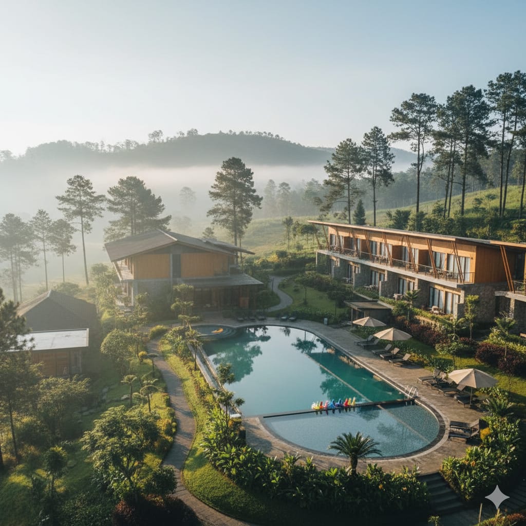 Rekomendasi 5 hotel murah di Puncak Bogor di bawah Rp500 ribu dengan fasilitas lengkap, kolam renang, dan view pegunungan.