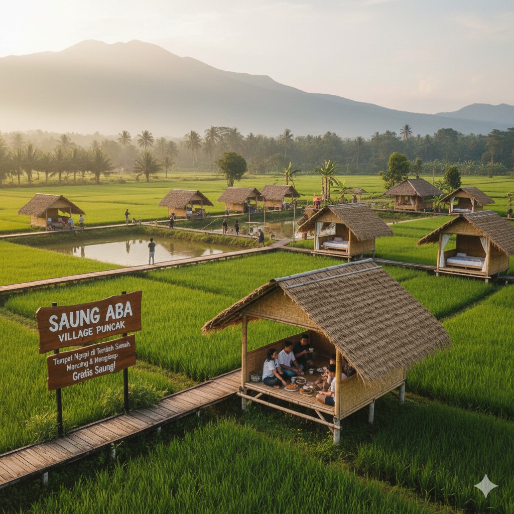 Saung Aba Village Puncak: Tempat Ngopi di Tengah Sawah, Bisa Mancing dan Menginap, Gratis Saung Bikin Netizen Penasaran