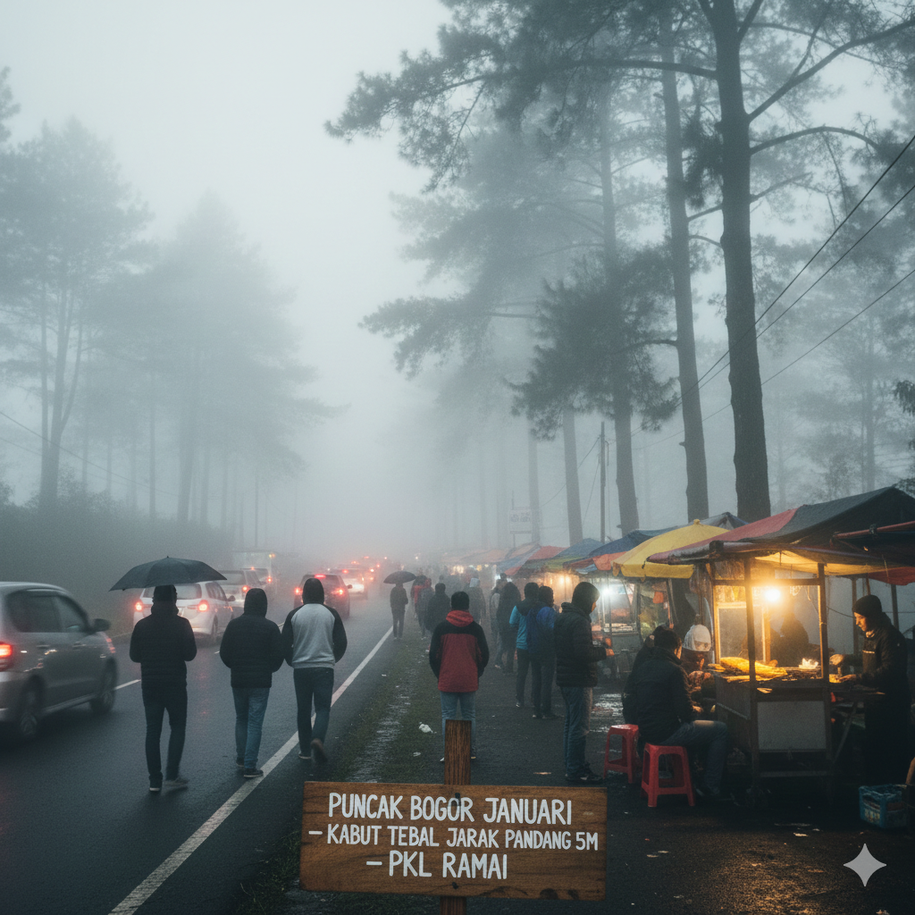 Kondisi Puncak Bogor Januari Diselimuti Kabut Tebal, Jarak Pandang Cuma 5 Meter, PKL Mulai Ramai Lagi