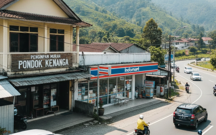 Penginapan Murah Puncak dekat Taman Safari Rp200 ribuan. Lokasi pinggir jalan, view gunung, kamar mandi dalam, dan sebelah Indomaret.