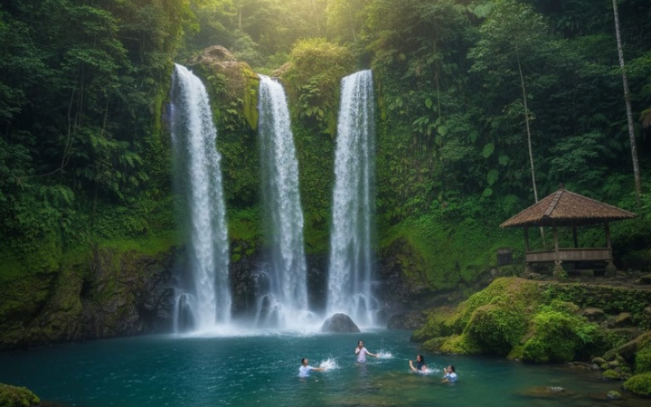 Air Terjun Jagir Banyuwangi tawarkan tiga aliran air jernih di kaki Gunung Ijen, cocok jadi destinasi sejuk setelah dari Desa Kemiren.