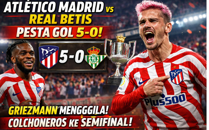 Antoine Griezmann merayakan gol saat Atl&eacute;tico Madrid pesta gol 5-0 atas Real Betis di perempat final Copa del Rey, kemenangan yang mengantar Los Colchoneros melaju ke semifinal.
