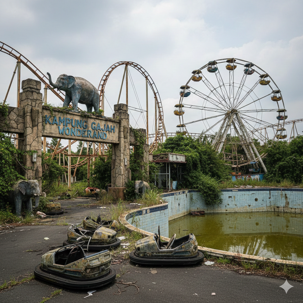 Kampung Gajah Bandung, wisata angker terbengkalai penuh misteri, gedung, kolam, villa, dan cerita horor menarik untuk dijelajahi.