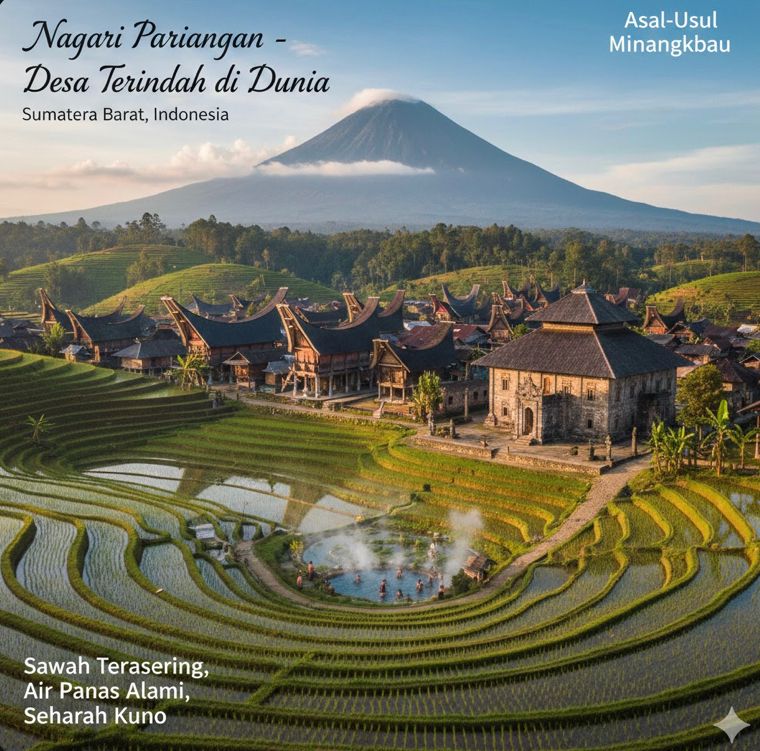 Nagari Pariangan desa terindah di dunia di Sumatera Barat, asal-usul Minangkabau dengan sawah terasering, air panas alami, dan sejarah kuno.