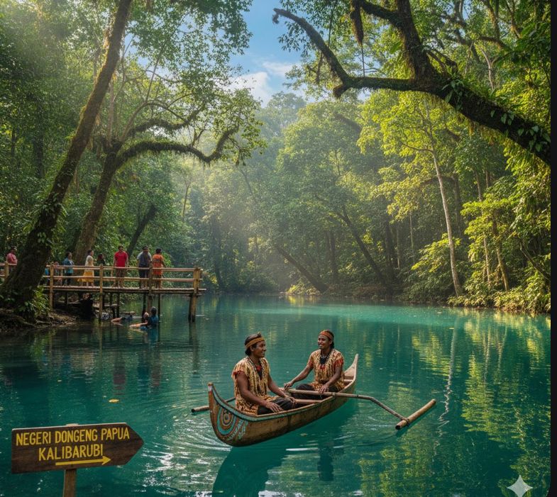 Negeri Dongeng Papua di Biak atau Kalibarubi menawarkan air jernih bak cermin, pepohonan rindang, dan wisata alam eksotis yang dikelola warga.