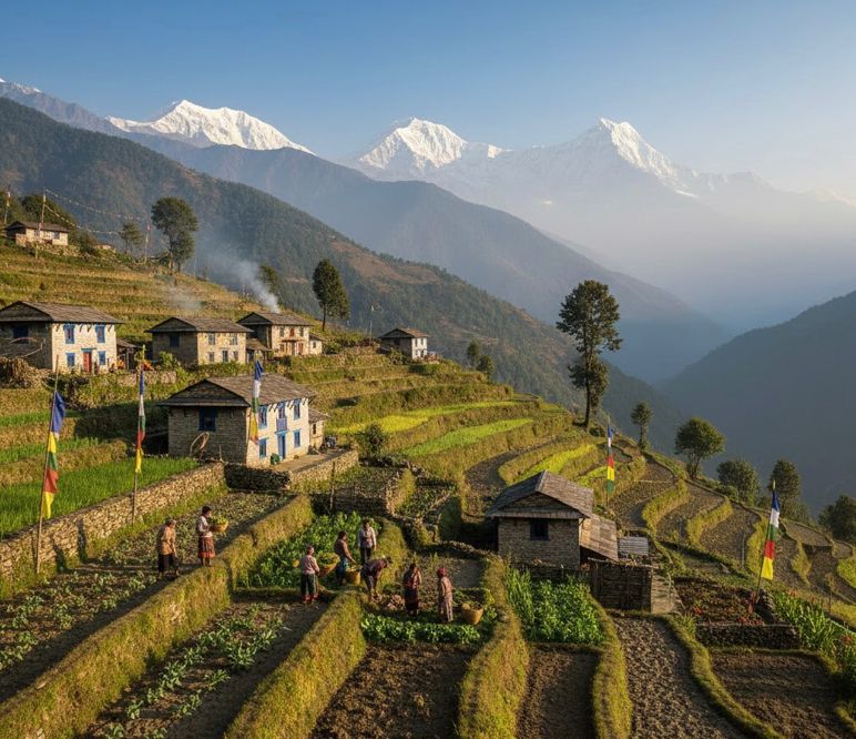 Kehidupan di kaki pegunungan Himalaya Nepal menunjukkan harmoni manusia dan alam lewat terasering, tradisi, dan keseimbangan hidup.