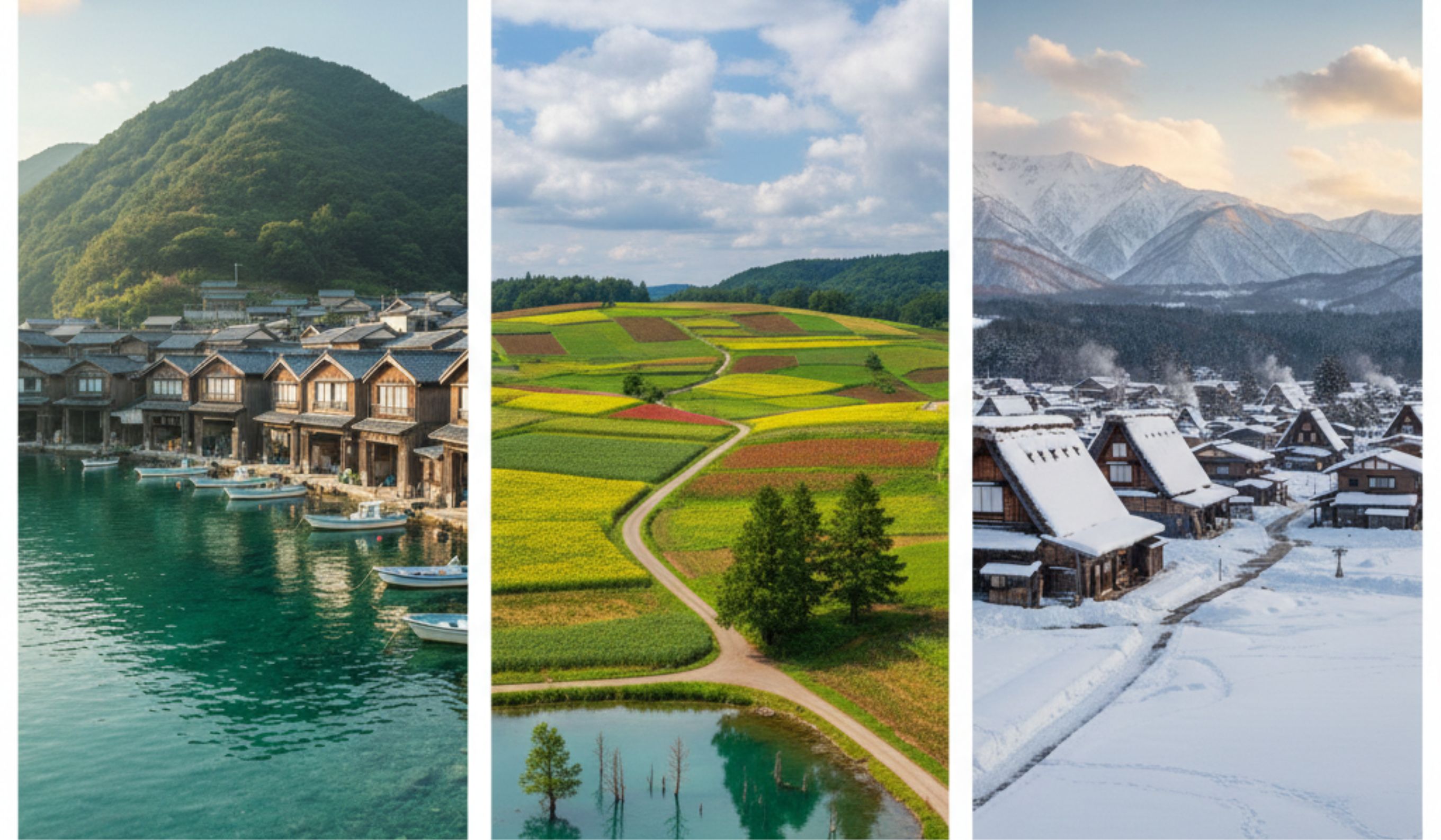 Tiga desa terindah di Jepang: Ine Funaya, Biei Hokkaido, dan Shirakawago menawarkan wisata alam, ladang bunga, dan rumah tradisional unik.