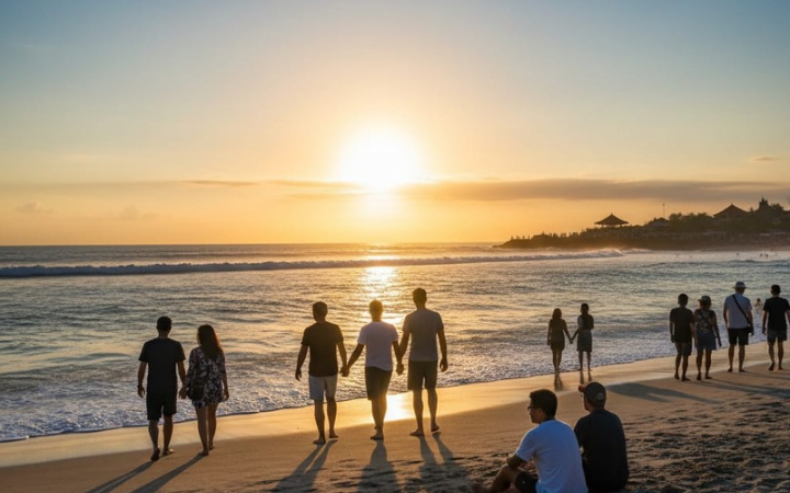 Pantai Kuta Bali jelang sunset terlihat ramai wisatawan. Pasar Seni sepi, sampah berkurang, pesona ikon Bali tetap memikat.