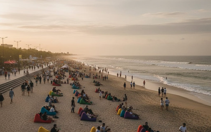 Pantai Kuta Bali ramai sore hari jelang sunset. Wisatawan padati jalur jogging, Pasar Seni, hingga area pantai yang bersih dan nyaman.