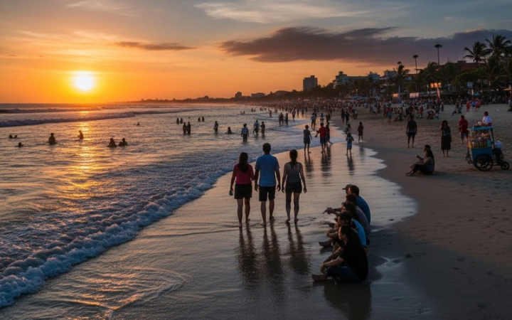 Pantai Kuta Bali sore hari tampak ramai wisatawan, cuaca cerah, angin kencang, dan lalu lintas lancar jelang sunset.