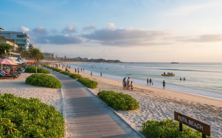 Pantai Kuta Bali berbenah jelang libur Lebaran. Pathway baru, surfing ramai, hingga kawasan Beachwalk makin hidup.
